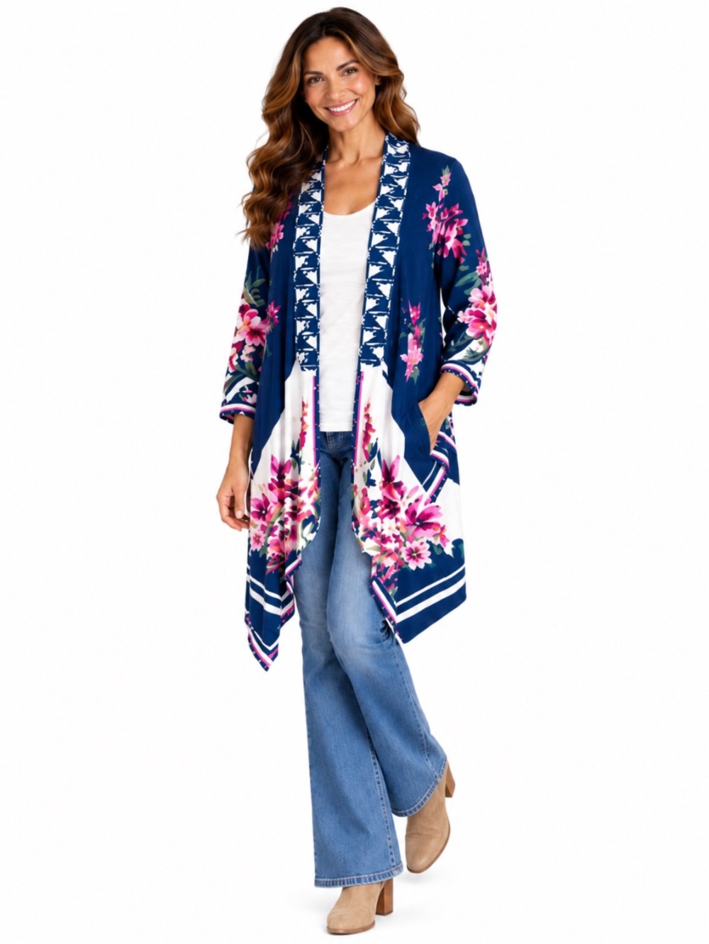 FLYING TOMATO Floral Blue & White Open Front Duster Kimono Size: Large